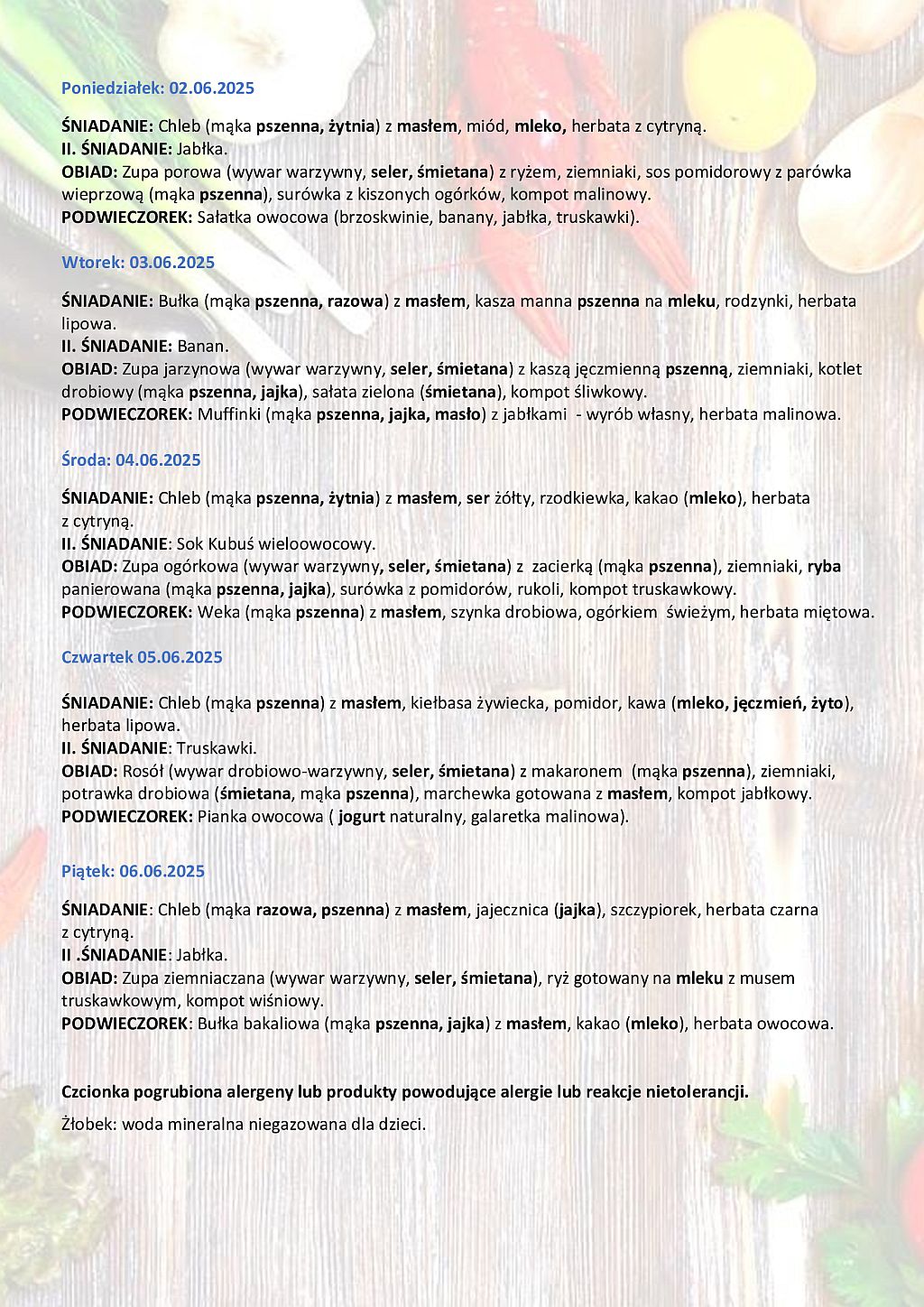 Jadłospis od poniedziałku do piątku 